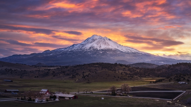 Fiery sunrise in the foothills of Mt Shasta CA USA 