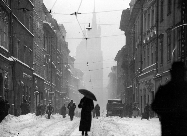 Floriaska Street in Krakw covered in snow taken in  during the Interwar period Poland 
