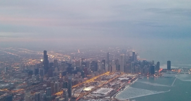 Flying into Chicago at sunset 