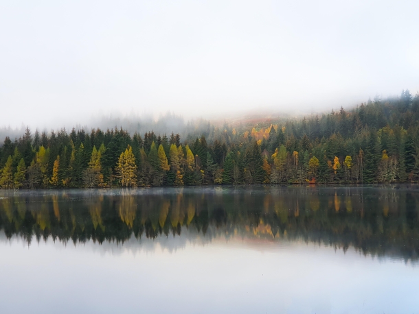 Foggy autumn morning at Loch Oich Scotland 