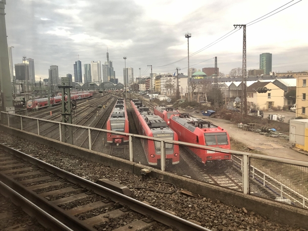 Frankfurt Main Station the massive railyard infront and the Skyline behind it