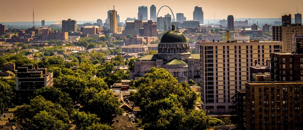 From the west Downtown St Louis overlooking Cathedral Basilica of STL and the gateway arch 