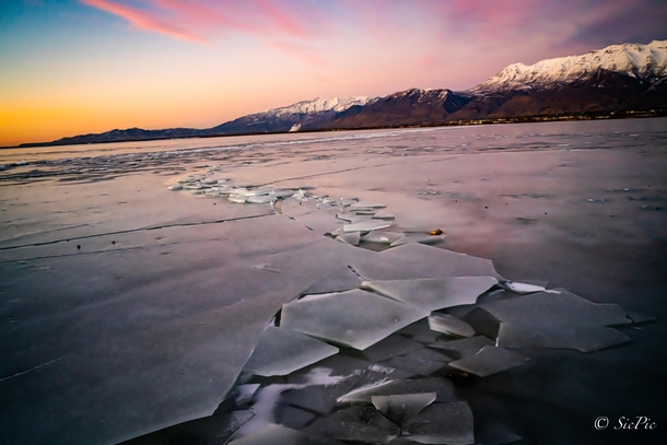 Frozen Utah Lake at sunset 