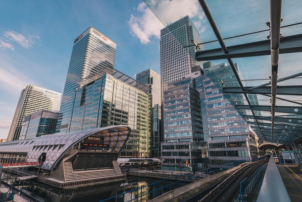 Futuristic shot of Canary Wharf London United Kingdom 
