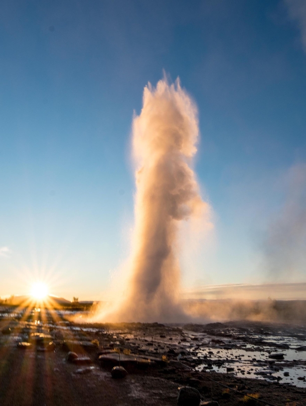 Got out of bed at  am during midsummer to capture the first rays of sun at geysir Strokkur erupting - Iceland  - IG glacionaut
