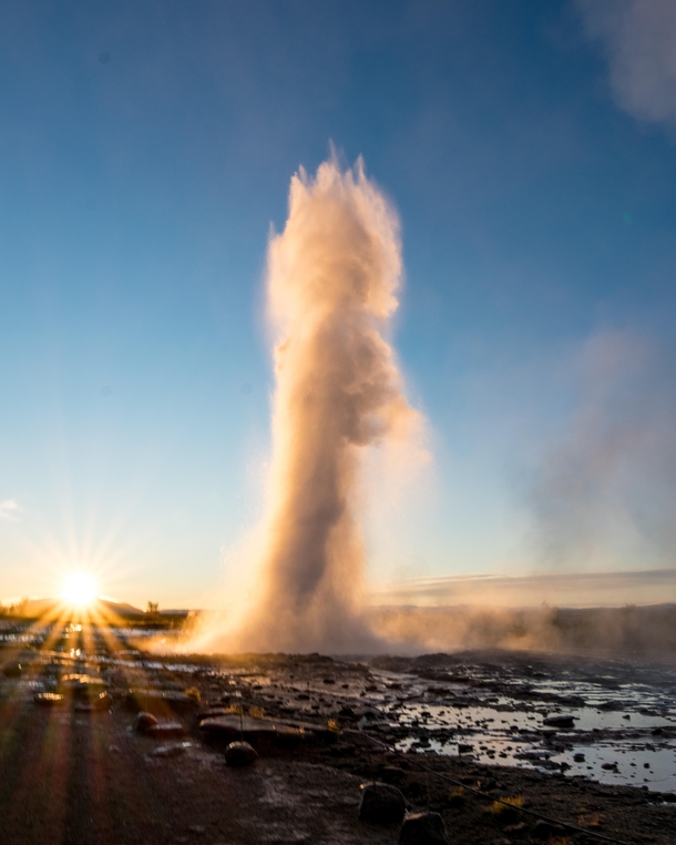 Got out of bed at  am this morning to capture the first rays of sun together with the geysir Strokkur in Iceland  - more of my pics from the nordics at insta glacionaut