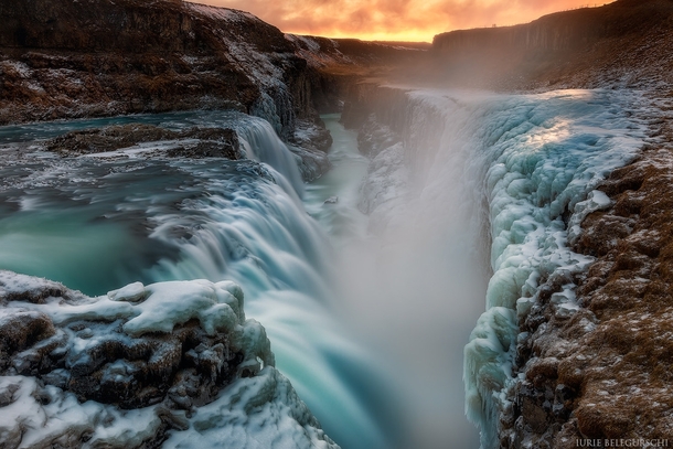 Gullfoss waterfalls on fire Iceland