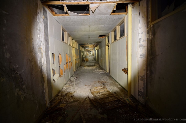 Hallway of a partly collapsed mental hospital in Japan 