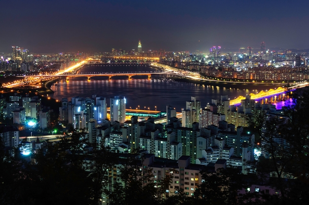 Han River at night seen from the pavilion atop Mt Maebong Seoul South Korea 