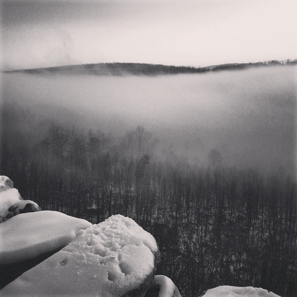 Heavy mist rolls over the Blue Ridge Mountains after snowfall  OC