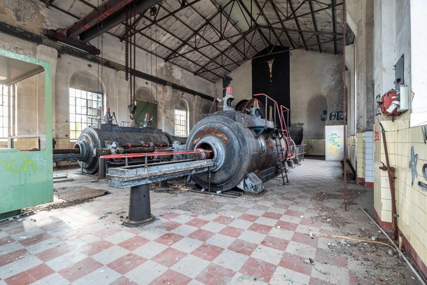 Historic steam winding machine from an abandoned German coal mine 