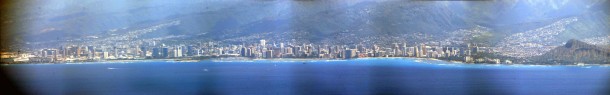 Honolulu metropolis of the Pacific Panorama from plane window 