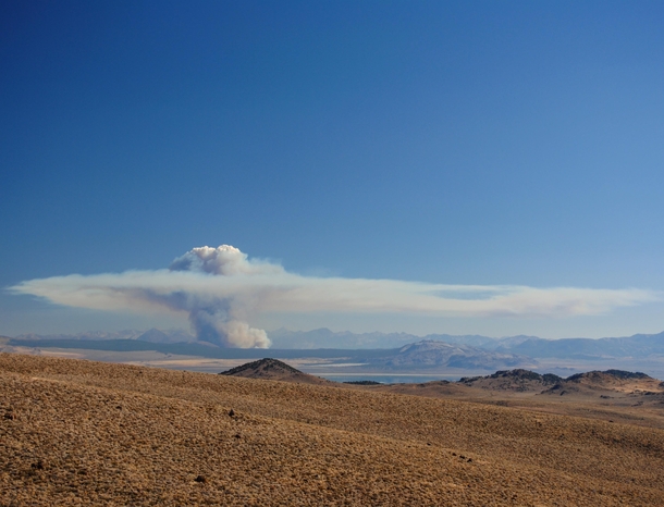 Huge smokestack pyrocumulus cloud over Mono Lake from a forest fire in Yosemite 