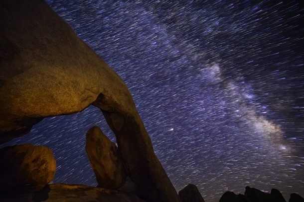 I captured Earths rotation over  hour in Joshua Tree National Park Check out Mars in the center