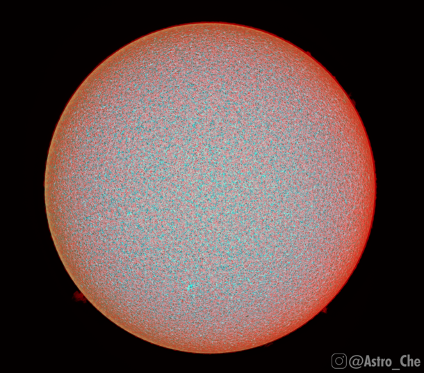 I created this image of the sun using a technique Ive never seen before by combining images of Hydrogen and Calcium The warmer colours represent hydrogen and cooler colours show the calcium