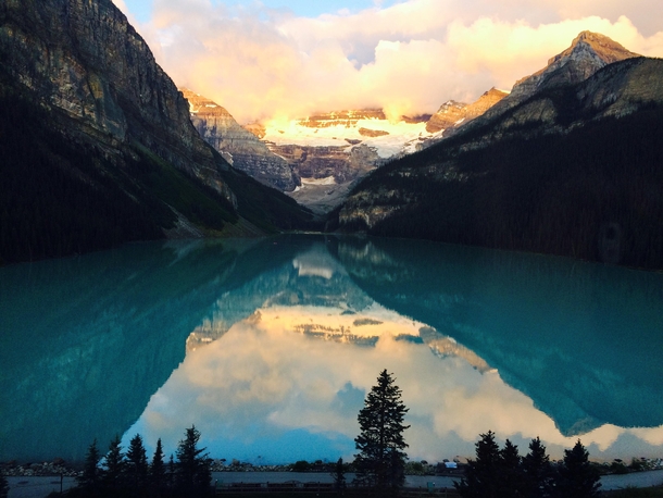 I had a treacherous walk from my king size bed to my hotel window to take this shot Lake Louise Alberta Canada 
