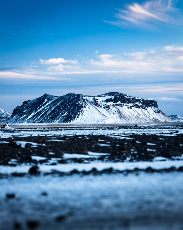 I have no idea if this mountain has a name Its visible on the walk to the Slheimasandur plane wreck in Iceland  OC  -