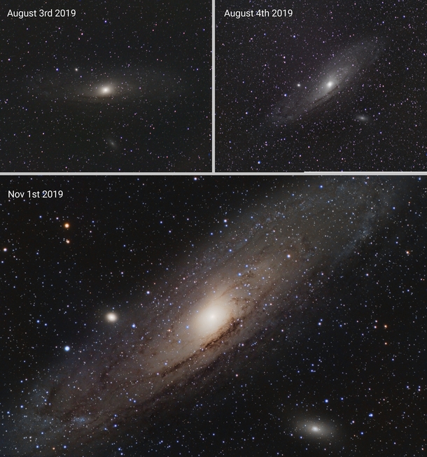 I started doing astrophotography last summer Heres the progress Ive made so far on The Andromeda Galaxy 