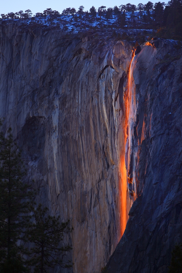 If Horsetail Fall is flowing in February and the weather conditions are just right the setting sun illuminates the waterfall making it glow orange and red 