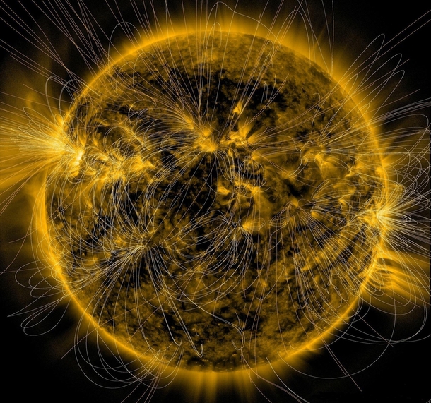 Image of the Sun superimposed with an illustration of magnetic field lines 