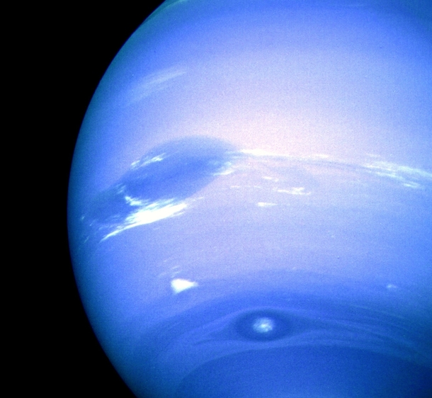 In  Voyager s fly-by of Neptune captured three very large storms The Great Dark Spot Scooter and The Small Dark Spot Subsequently this encounter allowed scientists to study Neptunes extreme climate supersonic winds up to  kph the fastest in our solar syst