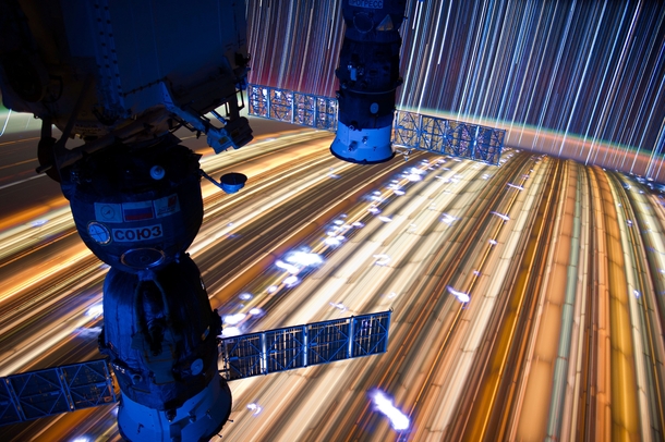 Incredible long exposure from the ISS -- photo by NASA astronaut Don Pettit the white-blue spots are lightning strikes 