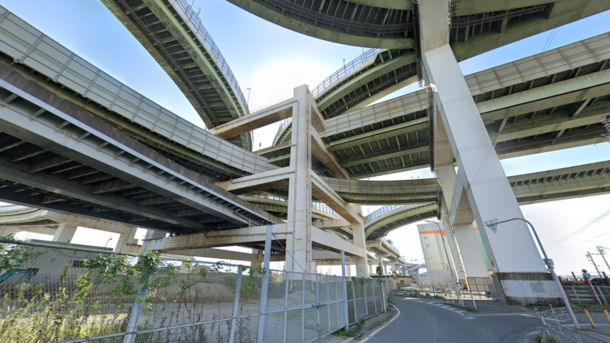 Interchange supported by a central steel frame in Osaka Japan