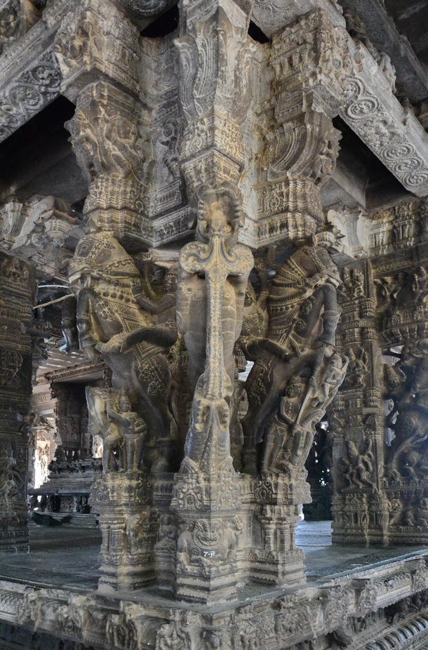 Intricately Detailed Pillars inside the beautiful Varadharaja Perumal Temple in Hastagiri Kanchipuram India