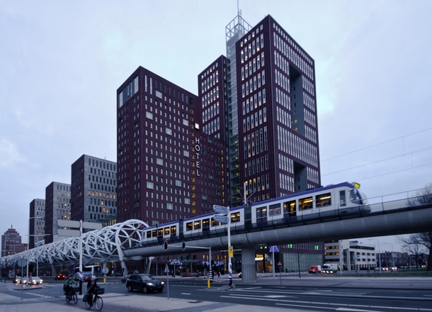 Its an elevated light rail track in The Hague Netherlands nicknamed Netkous or Fish Net Stocking I think you can see why 