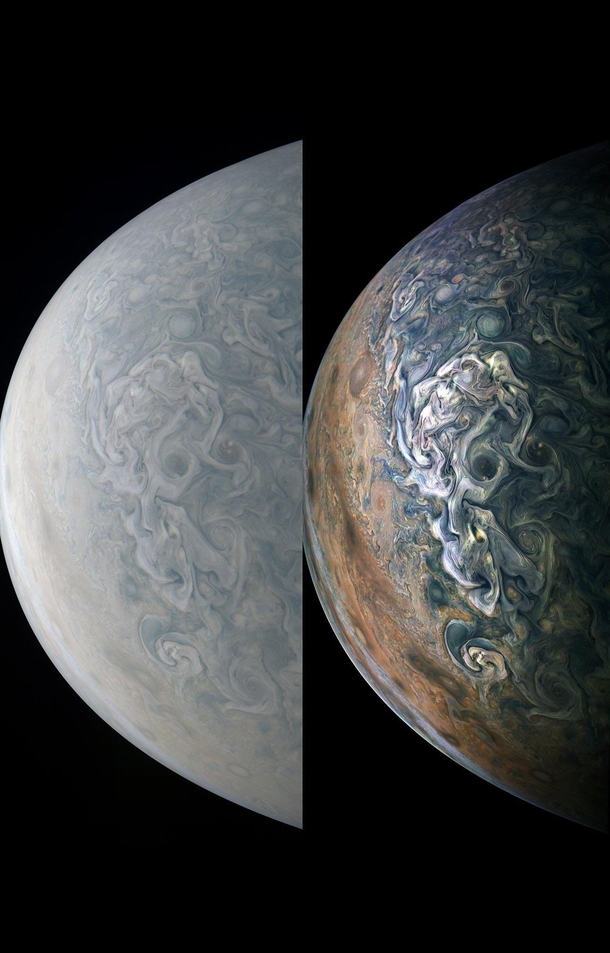 Jupiter Perijove  from the NASA Juno spacecraft True v Enhnaced  Merry Xmas
