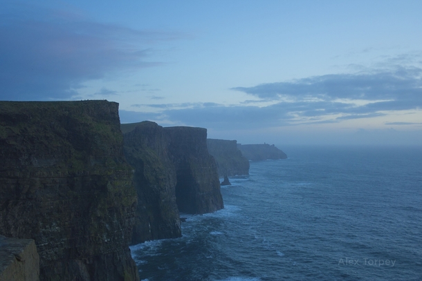 Just after the sun dipped below the horizon at the Cliffs of Moher Ireland 
