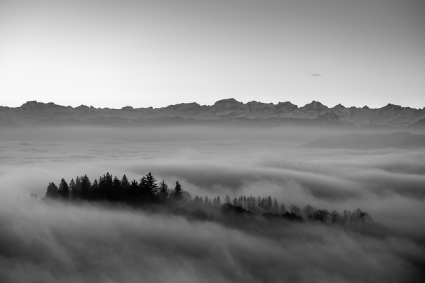 Just before sunrise the top of a hill peaks out of the fog Zurich Switzerland with the Swiss Alps in the background 