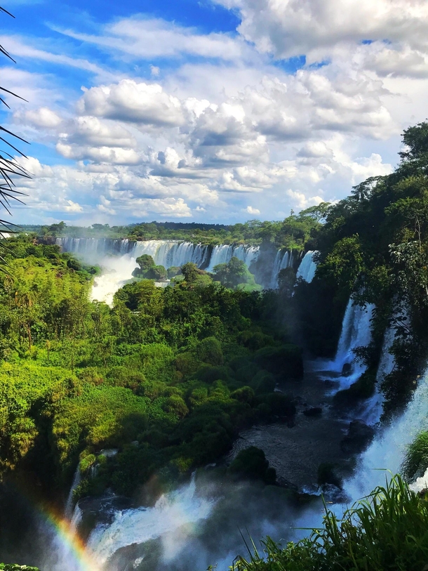 Just falls and a rainbow in the Iguazu Waterfalls on the Argentinean side 