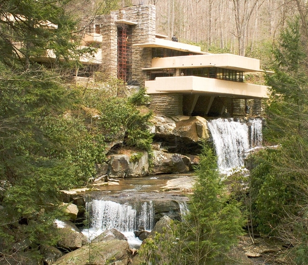 Kaufmann Residence is a house designed by architect Frank Lloyd Wright in  in rural southwestern Pennsylvania  miles southeast of Pittsburgh The home was built partly over a waterfall on Bear Run in the Mill Run section of Stewart Township Fayette County 