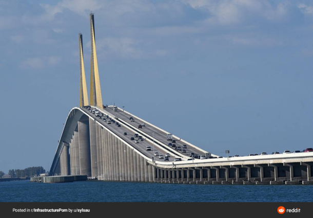 km long Sunshine Skyway Bridge spanning the Lower Tampa Bay connecting St Petersburg Florida to Terra Ceia It was opened in  and designed by the Figg amp Muller Engineering Group