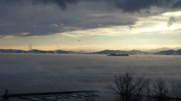 Lake Champlain has not frozen over yet this year which made for quite a spectacle of fog today when the temperature dropped to five below Burlington VT 