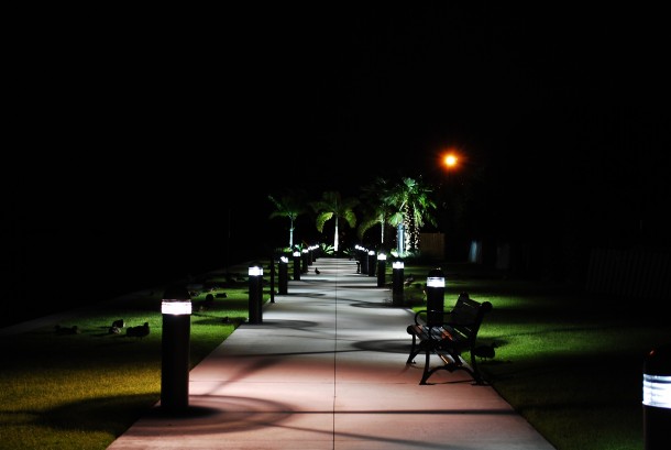 Lakefront sidewalk at night 