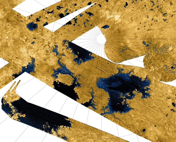 Lakes on the surface of Saturns moon Titan artificial color 