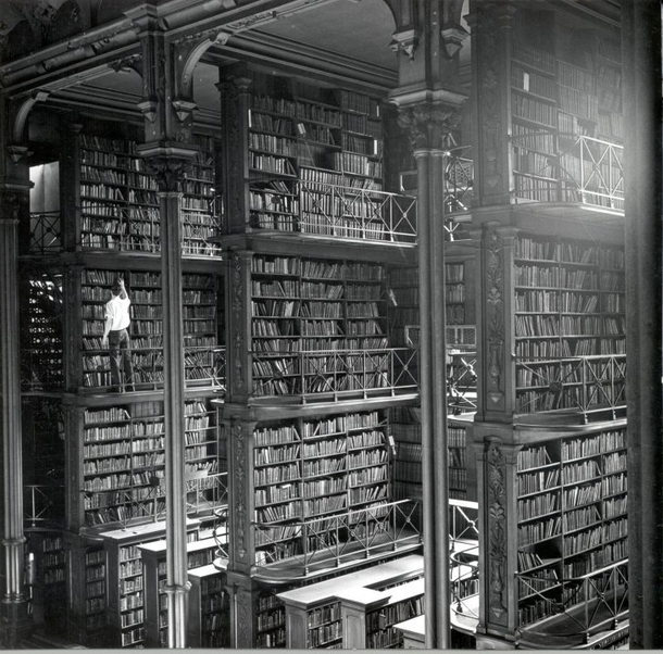 Large cast-iron book alcoves in the hall of the former Main Cincinnati Public Library Building designed by JW McLaughlin in  