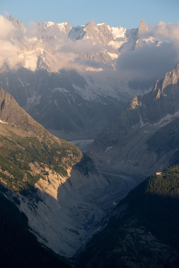 Last sunlight touching the Grandes Jorasses in the Mont Blanc range 