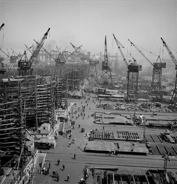 Liberty ships under construction in a Baltimore shipyard during WWII  