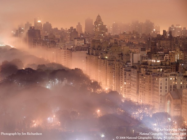 Light pollution and fog combine to blur a New York City 