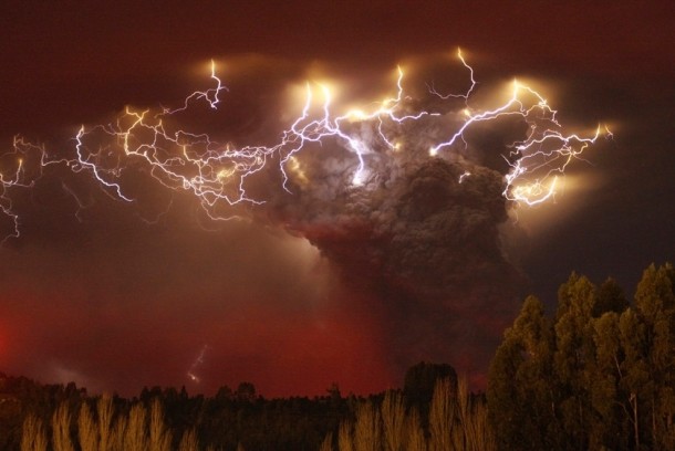 Lightning flashes around the ash plume of the Puyehue-Cordon Caulle volcano chain near Entrelagos Chile 