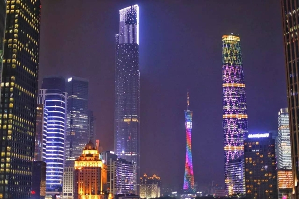Lit-up Supertall Structures in Guangzhou China 