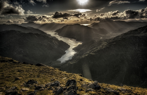 Looking across Loch Hourn into the wilderness of Knoydart from the summit of Sgurr aMhaoraich Beag at sunset Scotland  by Graham Bradshaw 
