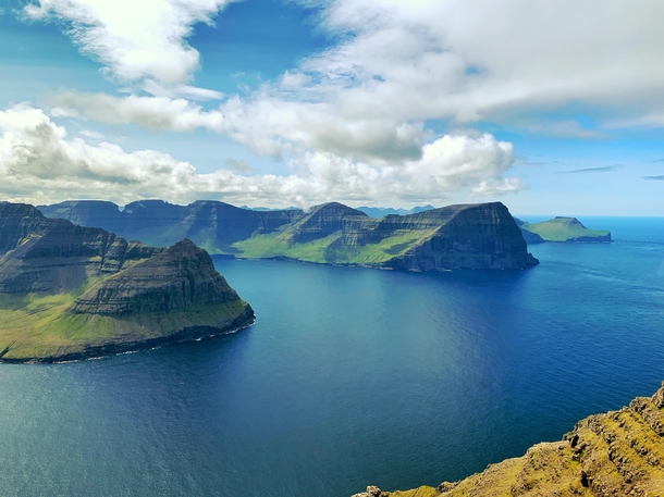 Looking over the stunning Faroe Islands from the top of Villingardalsfjall 