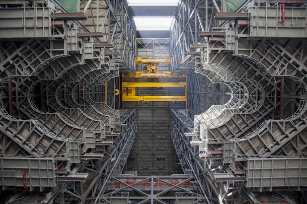 Looking up at the heavy-lift crane in the High Bay  of the Vehicle Assembly Building at NASAs Kennedy Space Center 