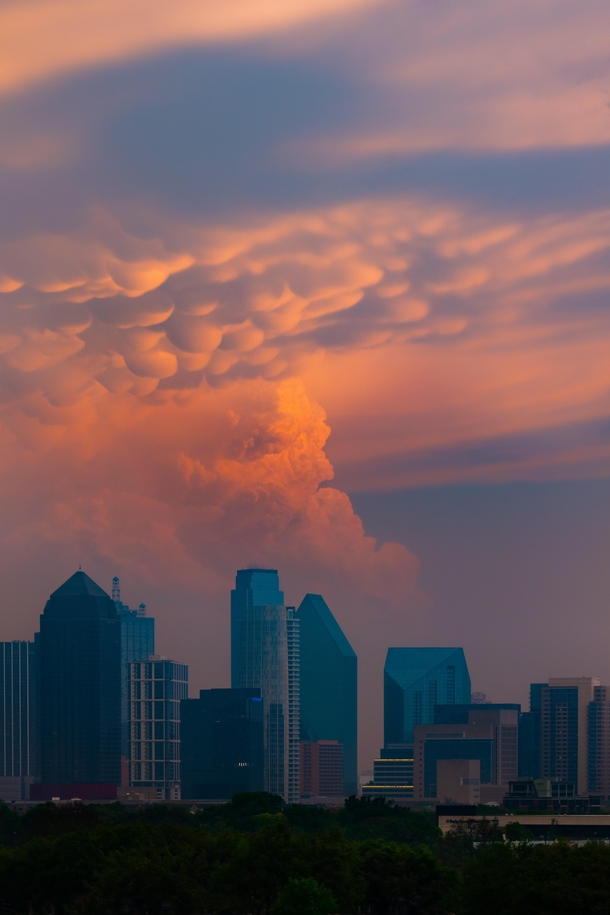 Mammatus clouds formed up over Downtown Dallas