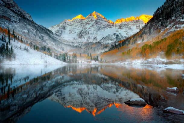 Maroon Bells Sunrise In Winter - Maroon Bells Wilderness Aspen Colorado  by Kevin McNeal