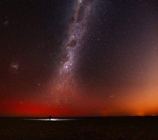 Me staring at the Milky Way and Aurora Australis 